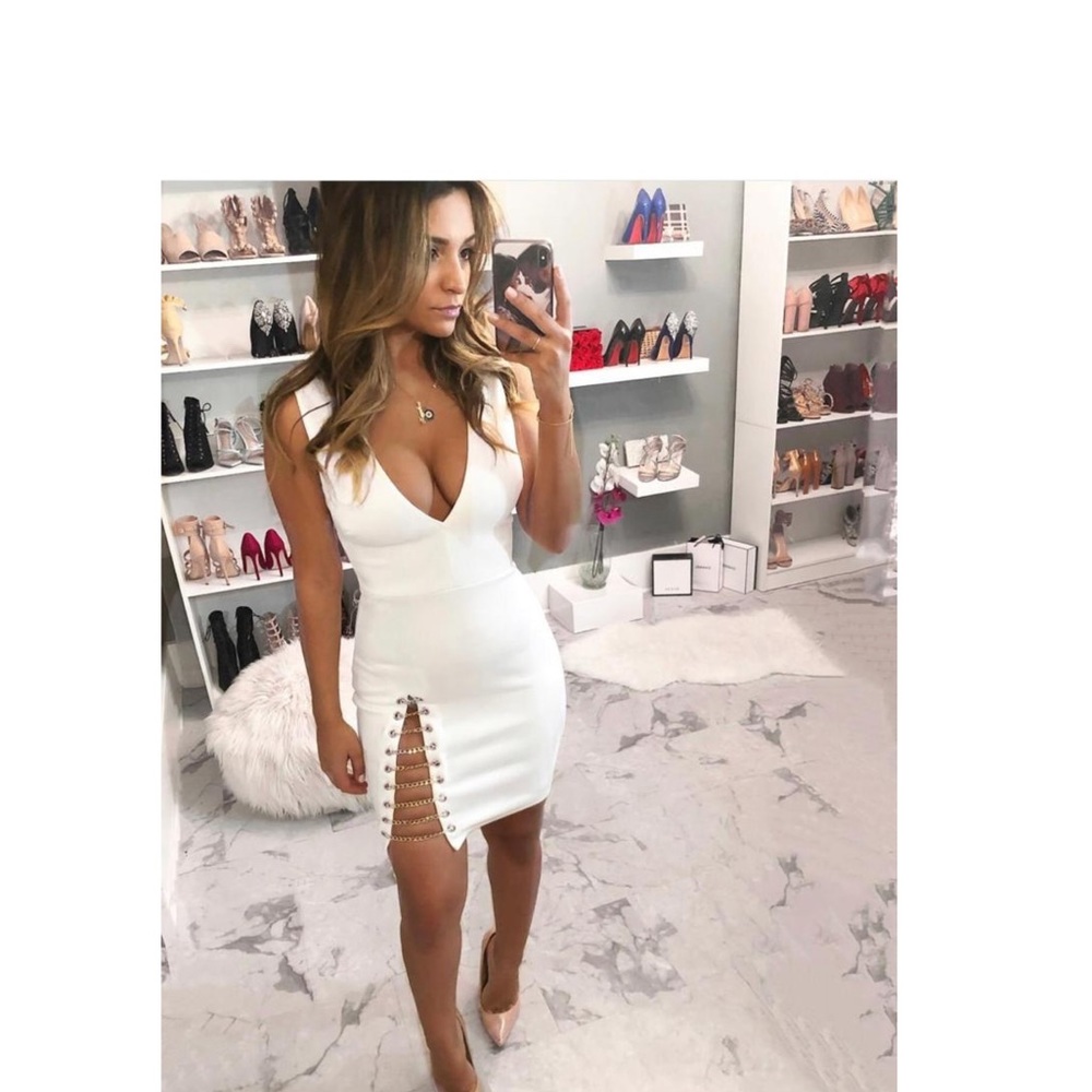 Faux suede party dress with chained cut out